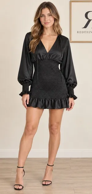 Karlie Black Satin Smocked V-Neck Mini Dress Lantern Sleeve Ruffle Hem thumbnail 1