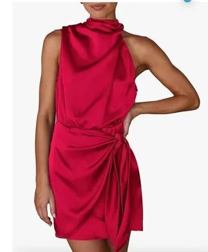NEW Satin Elegant Sleeveless Mock Neck Cocktail Mini Dress XL thumbnail 1