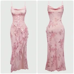 Womens Pink Pastel Floral Lace-up Corset Ruffle Coquette Fairy Maxi Dress Size S thumbnail 2