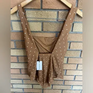 WeWoreWhat Vintage Low Leg Micro Polka Dot One Piece Swimsuit Biscotti Tan Sz M thumbnail 4