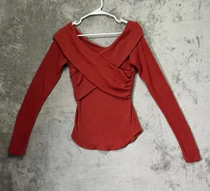 Free People Marley Off The Shoulder Ribbed Long Sleeve Top Rust Orange M New thumbnail 1