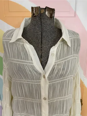 SNDYS La Louisiane Shirred Sheer Flare Sleeve Cream Button Front Top Sz M 💛🎀 thumbnail 5