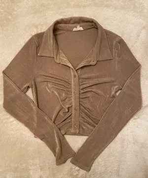 Gold Button Up Ruched Blouse Top Tan thumbnail 2