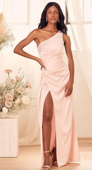 Lulus Dreaming Elegance Blush Pink Satin One Shoulder Maxi Dress Formal 1X NWT thumbnail 1