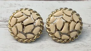 Vintage Clip On Earrings - Cream & Gold Tone Fancy Design thumbnail 1