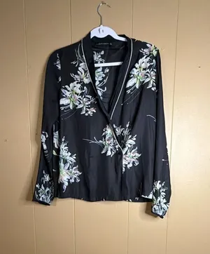 Zara Woman Black Floral Long Sleeve Satin Pajama Style Blouse thumbnail 1