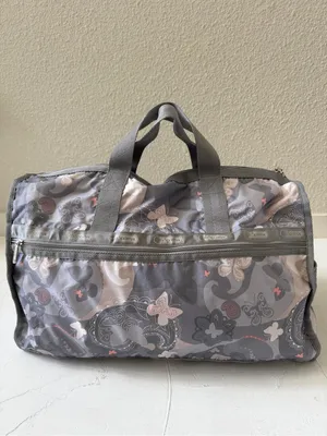 LeSportsac Large Weekender Duffel Bag Grey Pink Floral Butterfly thumbnail 3