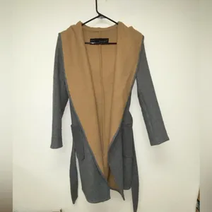 Zara Wool Blend Camel Gray Wraparound Hooded Coat MEDIUM thumbnail 7