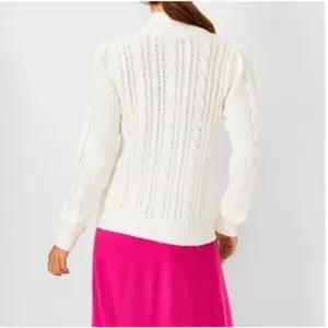 Ann Taylor Chunky Cable Knit Mock Neck Puff Sleeve Sweater Preppy White XS thumbnail 2