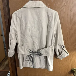 BKE Beige Ruffle Trench Coat Jacket Embellishments Collar Corset Back Detail Med thumbnail 5