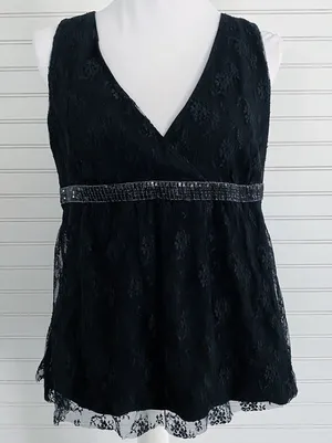 New York & Company Lace Sequin Empire Waist Top Size‎ L Black Surplice V-Neck thumbnail 1