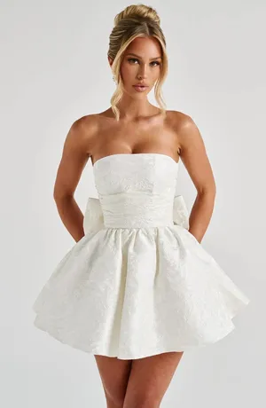NWT Babyboo Salome Ivory Floral Jacquard Bow Corset Strapless Mini Dress Size XS thumbnail 1