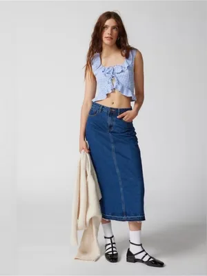 Urban Outfitters Blue Gingham Ruffle Tie-Front Crop Top thumbnail 3