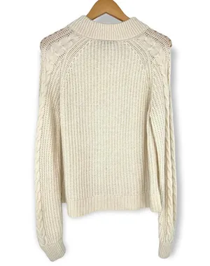 J.Crew | Medium | Cream White Pom Pom Cable Knit Sweater Lambswool Blend thumbnail 7