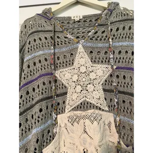 POL Crochet Open Knit Hoodie Gray Boho Mesh Sweater Cottagecore Granola Bohemian thumbnail 3