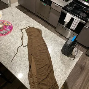 Brown bodycon form fitting swirl raised pattern Halter maxi Dress with slit thumbnail 2