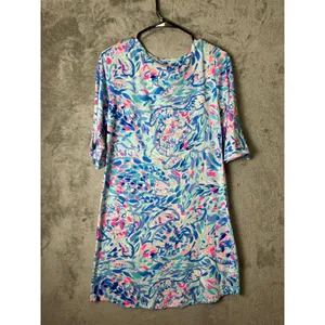 Lilly Pulitzer Preston Dress Breakwater Party Wave Blue Pink Shift Tie Sleeve SM thumbnail 4