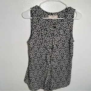 Loft Women's Sz Small Sleeveless Button Down Ruffle Blouse Black White Geometric thumbnail 2