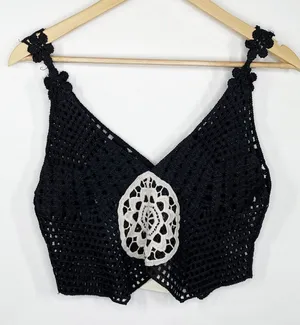 LF Native Rose Black Cream‎ Crochet Tank Top Women's Size Small/Medium S/M NWT thumbnail 1