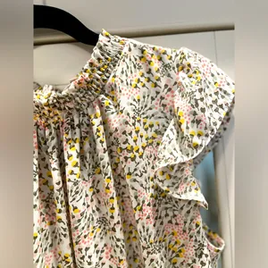 Loft Floral Print Women's Ruffle neck Top EUC Sz L white pink green yellow thumbnail 2