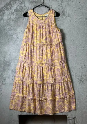 J.Jill Tiered Paisley Midi Dress Yellow Lavender‎ Boho Prairie Cottagecore MP thumbnail 1