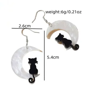 NEW!‎ Moon & Black Cat Pearlized Dangle Drop Earrings Witch Costume Whimsical thumbnail 3