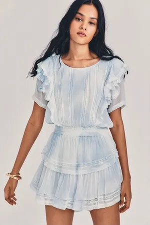 LoveShackFancy Natasha Light Blue Tie Dye Cotton Ruffled Tiered Lace Mini Dress thumbnail 1