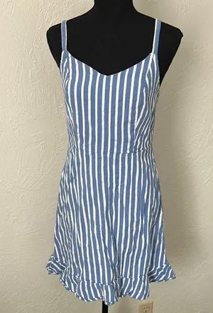 Old Navy Blue and White Striped Ruffled Hem European Sundress W/ Smocked Back thumbnail 1