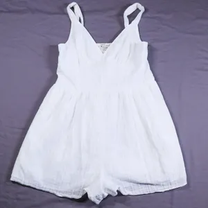 American Eagle Romper Womens Medium White Cotton Grid Smocked Back Summer V-Neck thumbnail 5