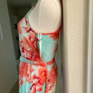 B. Darlin Long Maxi Pleated Dress, Aqua/Coral, Size 1/2, NWT thumbnail 3