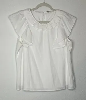 Woman's Versona White Blouse Top with Ruffled Sleeves Lined Stretchy Size Large thumbnail 1