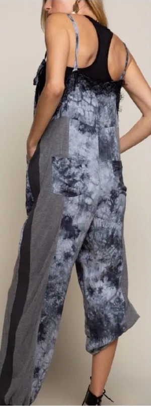 POL Gray Tie-Dye Wide-Leg Jumpsuit with Lace Trim thumbnail 1