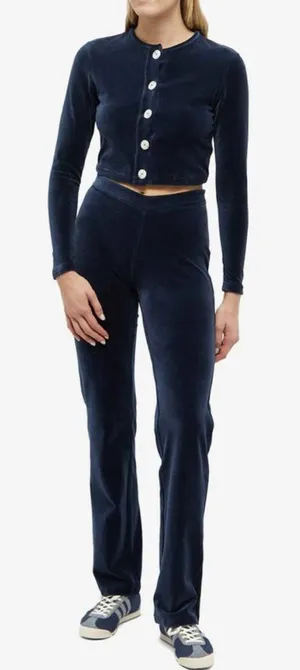 Peachy Den Celeste Velour Navy Twin Set XS $230 Cardigan + Trouser Pants thumbnail 1