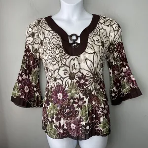 Signature Larry Levine Top Size Large Pleated Artsy Floral Whimsigoth Romantic thumbnail 2