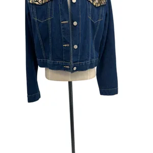 Vintage Playboy Leopard Trim Denim‎ Jacket Y2K Cropped Jean Jacket Size Large thumbnail 4