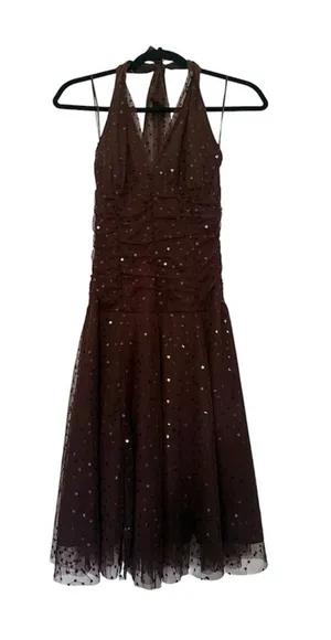 Vintage Y2K Necessary Objects Brown Sequin Halter Tulle Mini Dress Size Small thumbnail 1