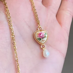 Handmade cottage fairy antique style heart rose necklace🌹🩵 thumbnail 5