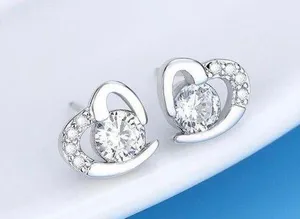 925 Sterling Silver Plated CZ Diamond Love Heart Stud Earrings for Women thumbnail 1