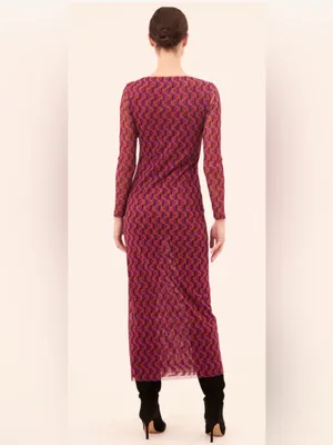 MISA Los Angeles MISA Vivian Geo Sixty Mesh Midi Dress M Retro 60’s Mod Bodycon Side Slit Autumn thumbnail 6