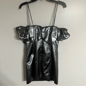 Zara Metallic‎ Silver Ruffle Off Shoulder Mini Dress NWT Size M Party Night Out thumbnail 10