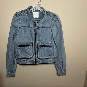 Avec Les Filles Anthro‎ Denim Multi Zipper Pocket Bomber Jacket thumbnail 2