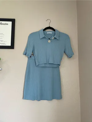 Reformation Peggy Two Piece Set Size Small Turquoise Polo Crop Top and Skirt thumbnail 3