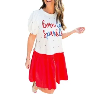 Peach Love Born To Sparkle Dress Womens Medium White Red Fourth‎ of July Festive thumbnail 2
