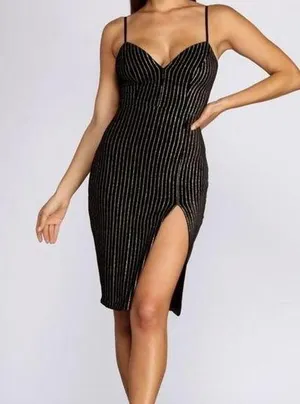 Windsor black velvet and gold glitter pinstripe pencil dress, size S thumbnail 1