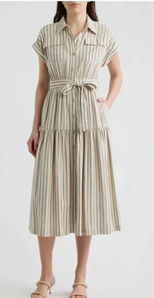 NWT Zoe and Claire Button-Front Maxi Dress with Waist Tie - Neutral Stripe XS thumbnail 1