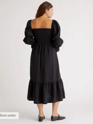Quince 100% Organic Cotton Gauze Maternity Smocked Midi Dress Black Large thumbnail 4