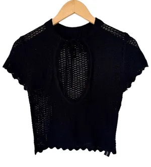 Tiger Mist Black Open Knit Keyhole Crop Top Small Scalloped Festival Coquette thumbnail 1