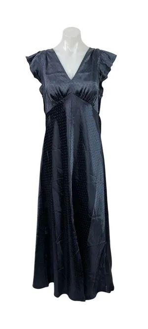 NEW The Occasion by Old Navy Blue Satin Flutter Sleeve V Neck Polka Dot Dress L thumbnail 1
