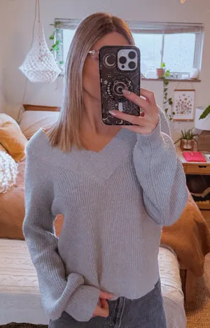 Pink Rose Comfy Blue V-neck Sweater thumbnail 1