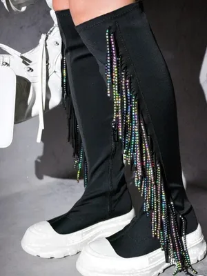Cape Robbin ARETHA - BLACK THIGH HIGH BOOTS with Multicolor Beaded Fringe thumbnail 2